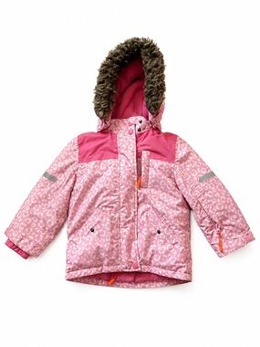 Mini Boden Pink Leopard Print Girls' Winter Jacket with Faux Fur Hood sz 3-4T